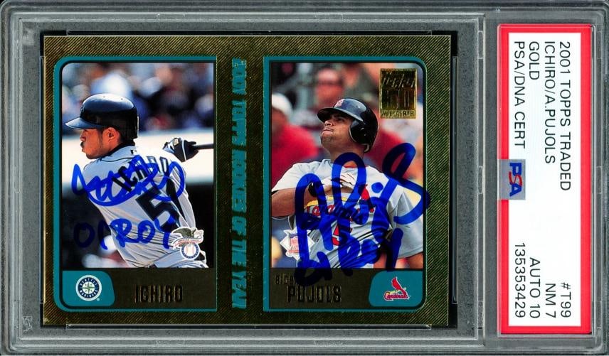 Ichiro & Albert Pujols Auto 2001 Topps Traded Gold RC PSA 7 Sig 10 01 ROY #/2001: Condition: Ungraded - Very good: Not in original packaging or professionally graded ,Player/Athlete: Ichiro Suzuki,Player: Ichiro Suzuki,Sport: Baseball,Product: Card,Autographed: Yes,Signed By: Ichir