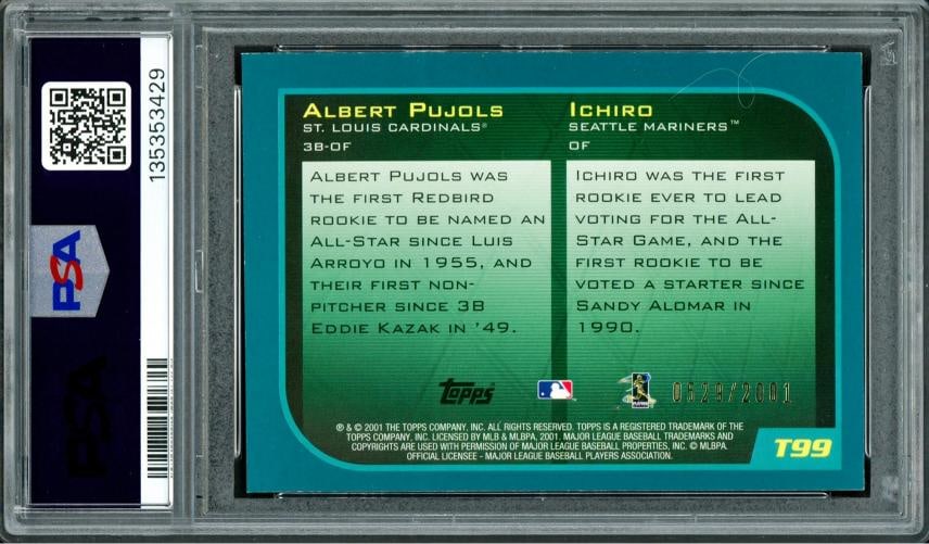 Ichiro & Albert Pujols Auto 2001 Topps Traded Gold RC PSA 7 Sig 10 01 ROY #/2001 - 2
