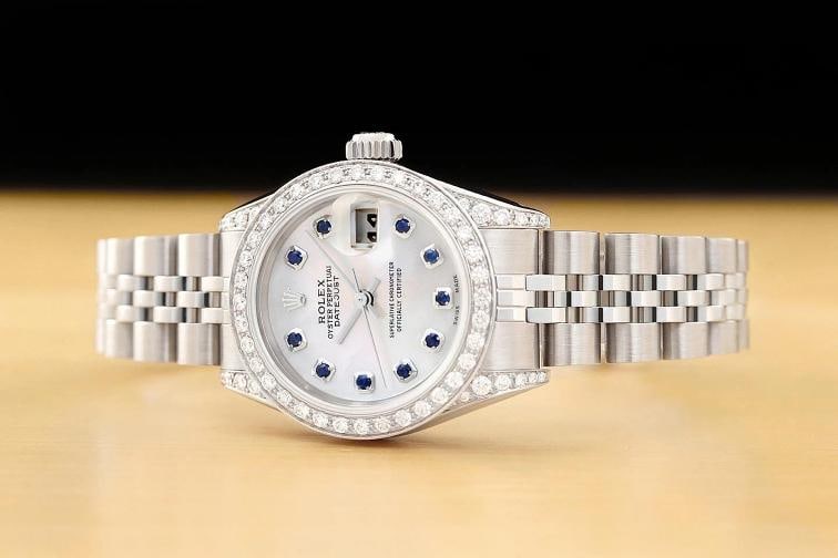 ROLEX DATEJUST 69174 MOTHER OF PEARL SAPPHIRE DIAMOND 18K WHITE GOLD STEEL WATCH - 2