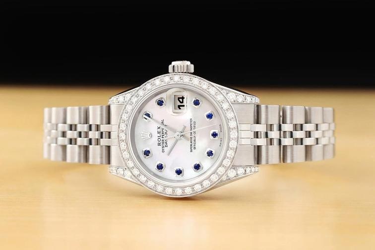 ROLEX DATEJUST 69174 MOTHER OF PEARL SAPPHIRE DIAMOND 18K WHITE GOLD STEEL WATCH - 3