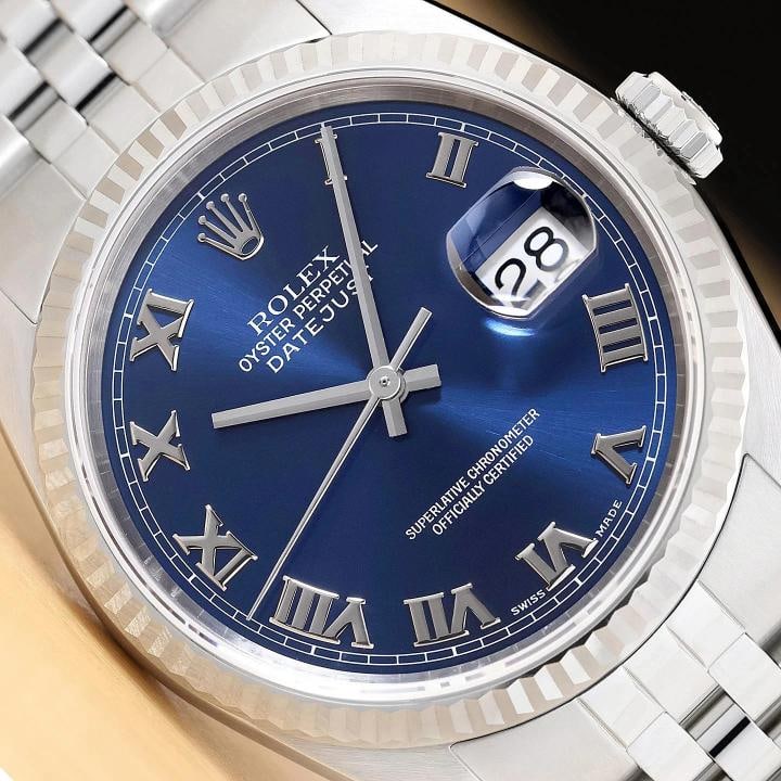 ROLEX MENS DATEJUST 16234 BLUE ROMAN DIAL 18K WHITE GOLD STEEL NO HOLES WATCH: Condition: Pre-owned - Excellent,Bezel Color: Silver,Max Wrist Size: 7.26-7.5 in,Number of Jewels: 31 Jewels,Indices: Roman Numerals, 12-Hour Dial,Bezel: Rolex 18K White Gold Fluted Bezel,Band/Strap: 