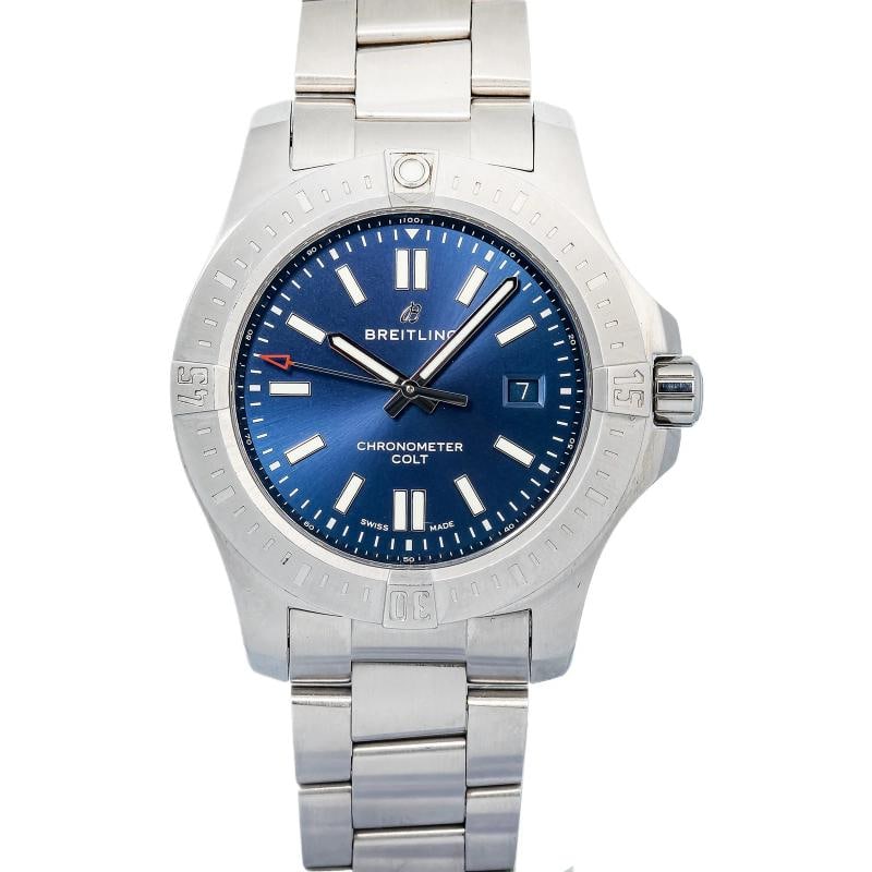Breitling Chronomat Colt A17388 Complete SS Colt Blue Dial Automatic Watch 44mm: Condition: Pre-owned - Good: This item has been gently used but is in good condition. It might have a few signs of wear, like light scratches or tarnishing. ,Brand: Breitling,Type: Wristwatches,WARRAN