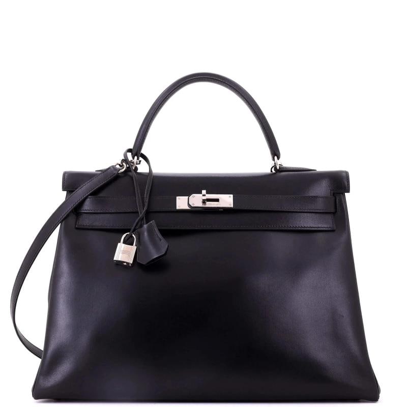 Hermes Kelly Handbag Black Box Calf with Palladium Hardware 35: Condition: Pre-owned - Good,Brand: Hermes,Exterior Material: Leather,Style: Top Handle,Exterior Color: Black,Department: Women,Size: 35,Accessories: Keys, Dust Bag, Lock, Clochette, With Strap