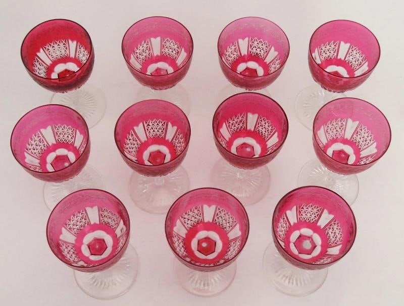11 Antique c1870 Superb Quality Wheel Cut Ruby Red Wine Glasses - 3