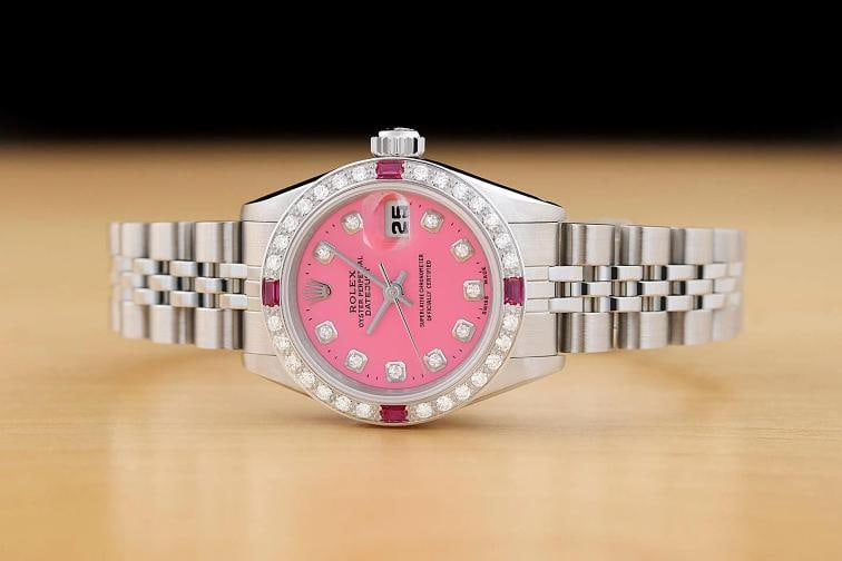 ROLEX LADIES DATEJUST 69174 PINK DIAMOND RUBY 18K WHITE GOLD STEEL JUBILEE WATCH - 3