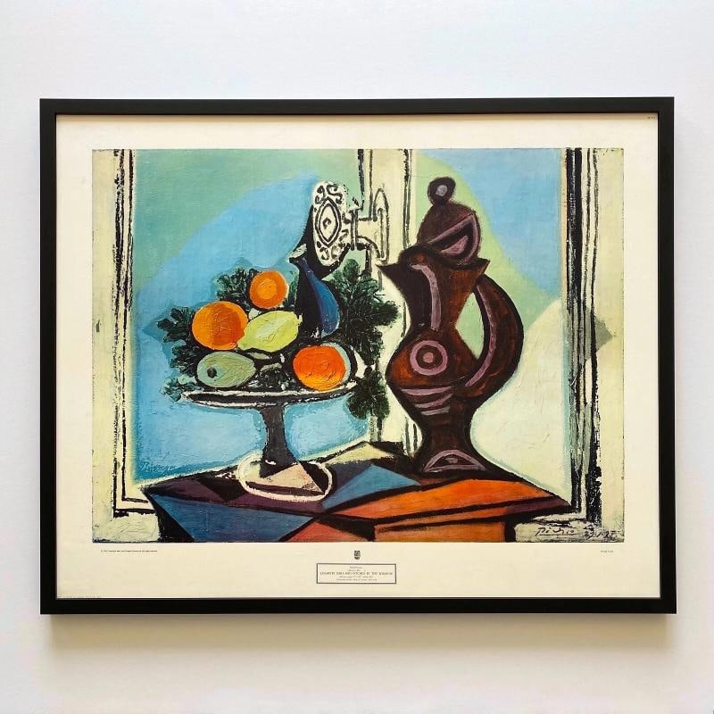 PABLO PICASSO RARE 1951 MCM FRAMED LITHOGRAPH PRINT COMPOTE PITCHER WINDOW 1937: THE RARE OUT OF PRINT FRAMED MID CENTURY MODERN LITHOGRAPH PRINT MEASURES 34 1/8" W X 27 3/4" H X 1 1/4" D. IT IS CUSTOM FRAMED WITH UV PROTECTIVE PLEXIGLASS IN A CONTEMPORARY MODERN MATTE EGGSHELL FI