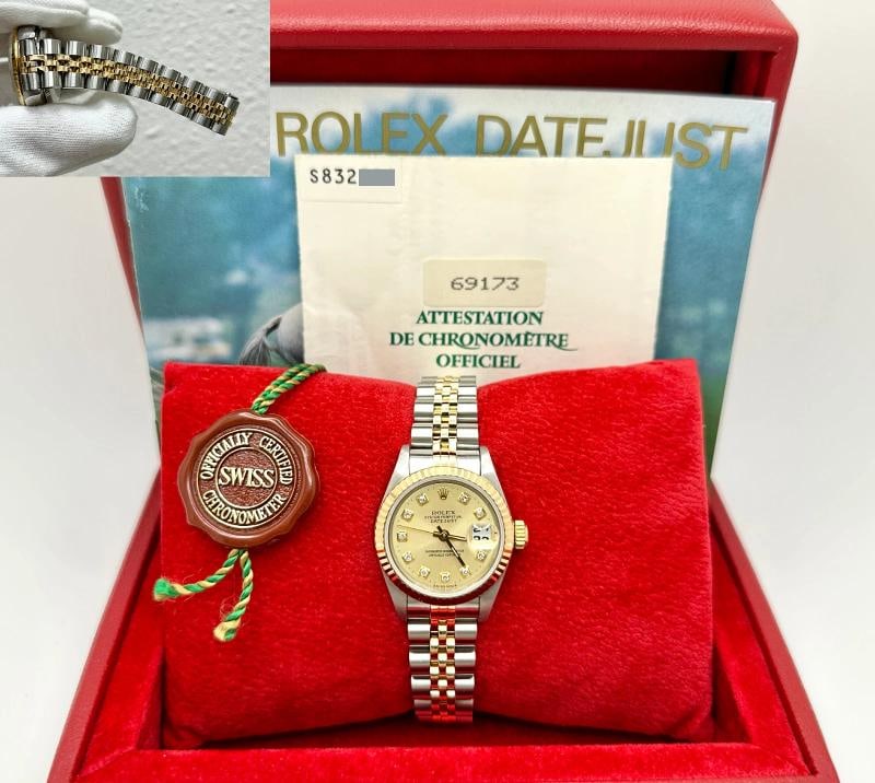 Rolex Ladies Datejust 69173 Champagne Diamond Dial 18k Gold Steel Box Paper: Condition: Pre-owned - Good,Bezel Color: Gold, Yellow,Indices: Diamond Markers,Year Manufactured: 1990-1999,Band/Strap: Rolex Jubilee,Case Color: Silver,Department: Women,Bezel Type: Fluted,Watch
