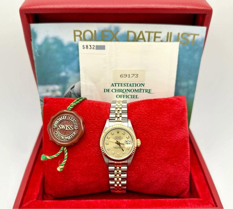 Rolex Ladies Datejust 69173 Champagne Diamond Dial 18k Gold Steel Box Paper - 2