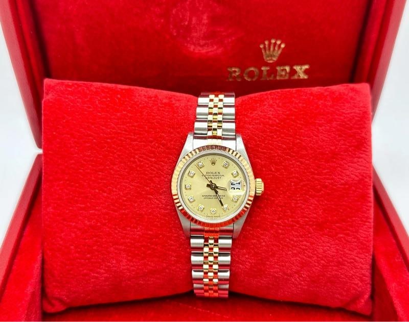Rolex Ladies Datejust 69173 Champagne Diamond Dial 18k Gold Steel Box Paper - 3