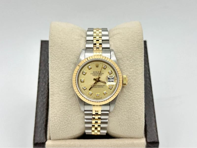 Rolex Ladies Datejust 69173 Champagne Diamond Dial 18k Gold Steel Box Paper - 4
