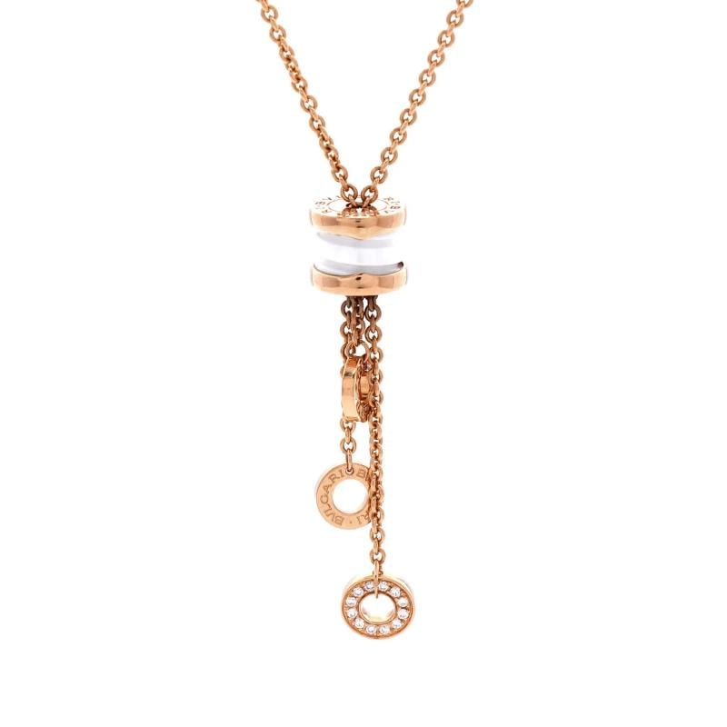 Bvlgari B.Zero1 3 Charm Necklace 18K Rose Gold and Ceramic and Diamonds: Condition: Pre-owned,Style: Charm,Brand: Bvlgari,Type: Necklace,Color: Rose Gold,Metal: 18K Rose Gold,Main Stone: Diamond,Material: 18K Rose Gold, Ceramic, Diamond,Metal Purity: 18K Condition: Great. 