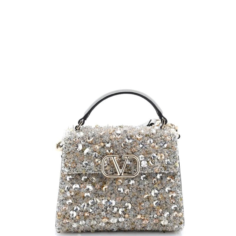 Valentino Garavani VSling Top Handle Bag Sequins Mini: Condition: Pre-owned - Excellent,Brand: Valentino Garavani,Exterior Material: Sequins,Style: Top Handle,Exterior Color: Metallic,Department: Women,Size: Mini,Accessories: Dust Bag, With Strap