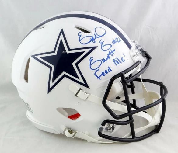 Zeke Elliott Signed Cowboys FS Flat White Authentic Helmet w/Insc-Beckett W Auth: Player: Ezekiel Elliott,Sport: Football,Product: Helmet,Original/Reprint: Original,Team: Dallas Cowboys,Autograph Authentication: Beckett,Country of Origin: United States