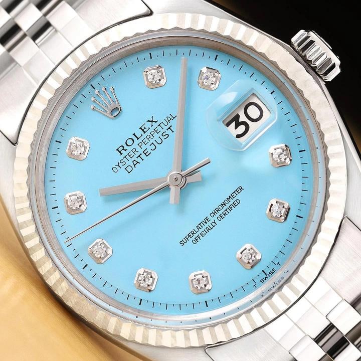 ROLEX MENS DATEJUST AQUA BLUE DIAMOND DIAL 18K GOLD STEEL WATCH w/ JUBILEE BAND: Condition: Pre-owned - Excellent,Bezel Color: Silver,Max Wrist Size: 7.26-7.5 in,Number of Jewels: 26 Jewels,Indices: Diamond Markers, 12-Hour Dial,Bezel: Rolex 18K White Gold Fluted Bezel,Band/Strap: