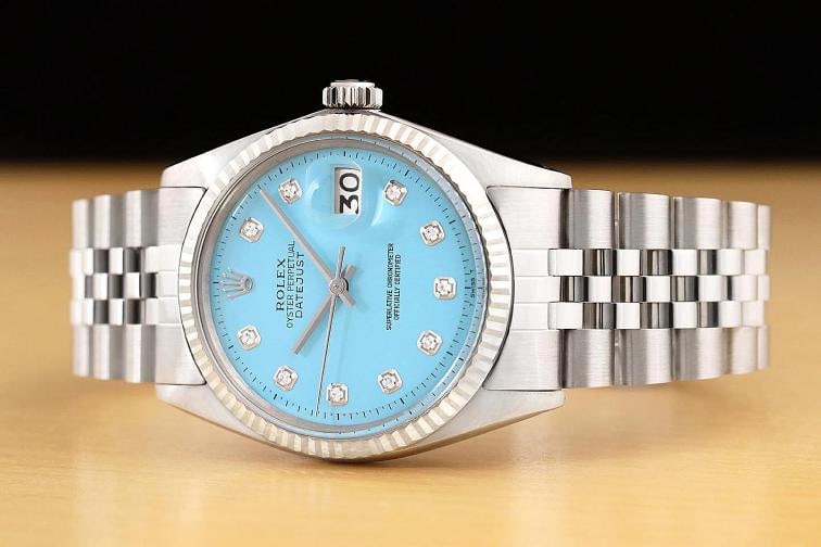 ROLEX MENS DATEJUST AQUA BLUE DIAMOND DIAL 18K GOLD STEEL WATCH w/ JUBILEE BAND - 2