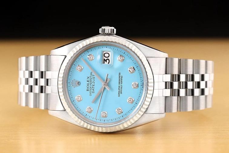ROLEX MENS DATEJUST AQUA BLUE DIAMOND DIAL 18K GOLD STEEL WATCH w/ JUBILEE BAND - 3