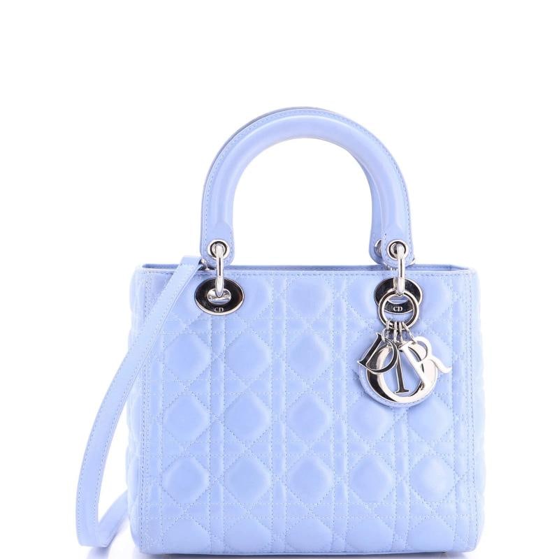 Christian Dior Lady Dior Bag Cannage Quilt Lambskin Medium: Condition: Pre-owned - Good,Brand: Christian Dior,Exterior Material: Leather,Style: Top Handle,Exterior Color: Blue,Department: Women,Size: Medium,Accessories: With Strap