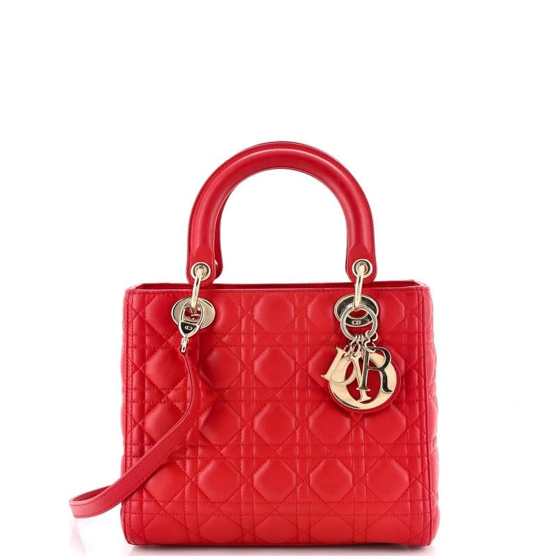 Christian Dior Lady Dior Bag Cannage Quilt Lambskin Medium: Condition: Pre-owned - Good,Brand: Christian Dior,Exterior Material: Leather,Style: Top Handle,Exterior Color: Red,Department: Women,Size: Medium,Accessories: With Strap