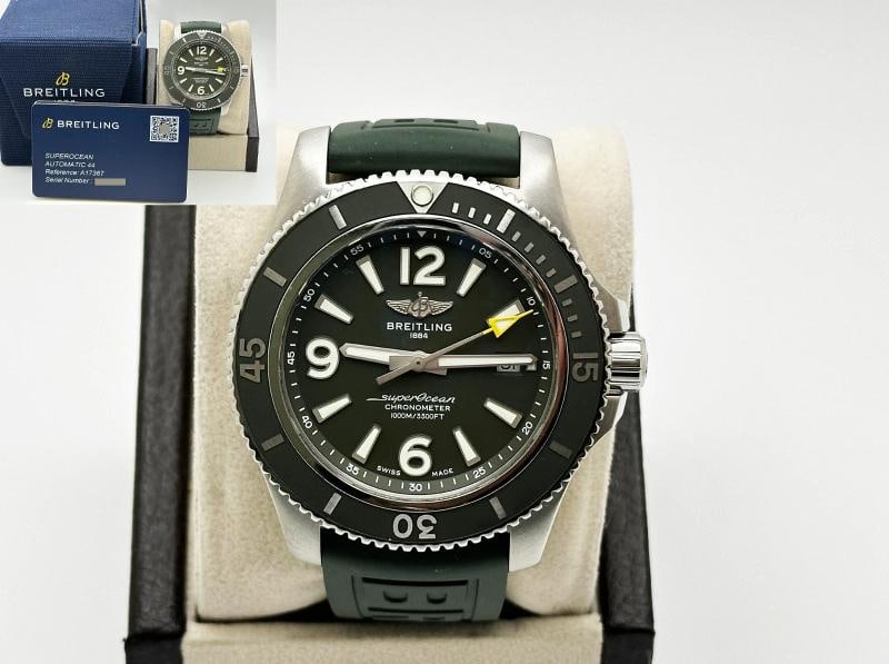 Breitling Superocean Automatic 44 A17367 Green Dial Stainless Steel Box Paper: Condition: Pre-owned - Good,Country of Origin: Switzerland,Bezel Color: Green,Movement: Mechanical (Automatic)s,Year Manufactured: 2022,With Papers: Yes,Reference Number: A17367,Band/Strap: Two-Piece 