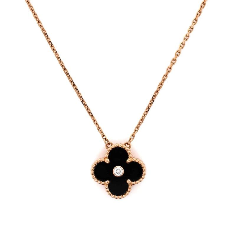 Van Cleef & Arpels Vintage Alhambra Pendant Necklace 18K Rose Gold and Onyx: Condition: Pre-owned - Good,Brand: Van Cleef & Arpels,Main Stone: Onyx,Metal: 18K Rose Gold,Metal Purity: 18K,Style: Pendant,Type: Necklace,Color: Rose Gold,Material: 18K Rose Gold, Diamond, Onyx