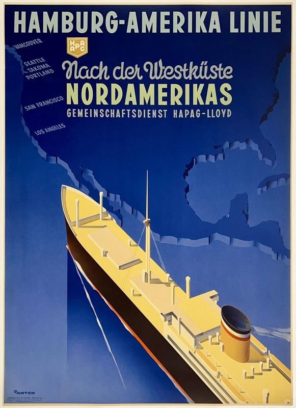 Original Vintage Poster HAMBURG AMERIKA LINIE NORDAMERIKAS HAPAG Ship Travel OL: Dimensions: 23.5 x 32.8 in. / 59.8 x 83.4 cm.; Circa: 1935 Original vintage "HAMBURG-AMERIKA LINIE - NACH DER WESTKUSTE NORDAMERIKAS - HAPAG-LLOYD" cruise ship travel poster, plate signed by its