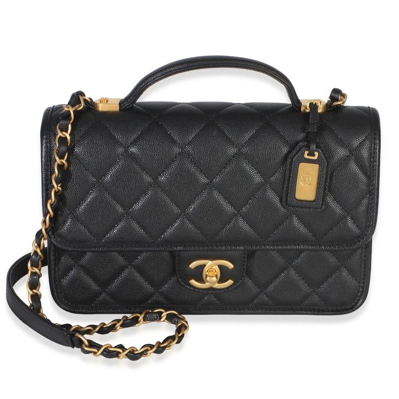 Chanel Black Quilted Caviar 22K Top Handle Flap Handbag: Condition: Pre-owned - Good,Dimensions: 10 x 7 x 3,Handbag Accessories: Dustbag;Care Booklet;Felt Protector,Bag Width: 10 in,Bag Depth: 3 in,Bag Height: 7 in,Department: Unisex,Style: Shoulder