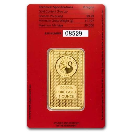 2024 1 oz Gold Bar - Perth Mint Lunar Dragon (In Assay) - 2