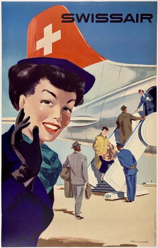 Original Vintage Poster SWISSAIR Airline Travel Tourism LINEN MCM Rare!: Dimensions: 25.4 x 40.2 in. / 64.5 x 102.1 cm.; Circa: 1953 Original vintage "SWISSAIR" airline travel poster, plate signed by its artist, HANS LOOSER, and printed circa 1953.