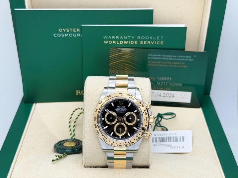 2024 Rolex Daytona 126503 Black Dial 18K Yellow Gold Stainless Steel Box Paper: Condition: Pre-owned - Excellent,Bezel Color: Gold, Yellow,Year Manufactured: 2024,Band/Strap: Rolex Oyster,Case Color: Silver,Department: Men,Bezel Type: Tachymeter,Manufacturer Warranty: 4 Years,Wat
