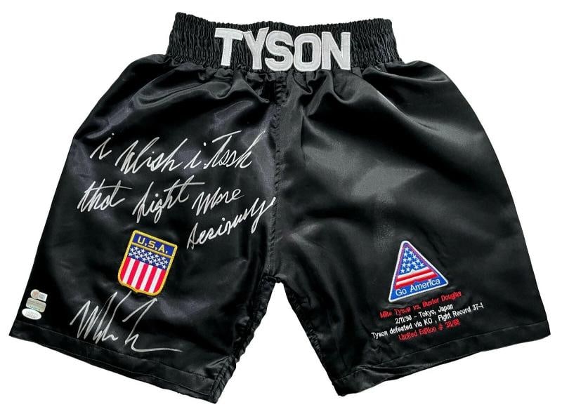 Mike Tyson Signed Inscribed Trunks vs. Buster Douglas #D/58 JSA COA "Tyson Vs.": Sport: Boxing,Player: Mike Tyson,Signed: Yes,Autograph Authentication: James Spence (JSA),Original/Reprint: Original,Product: Boxing Trunks,Country of Origin: United States