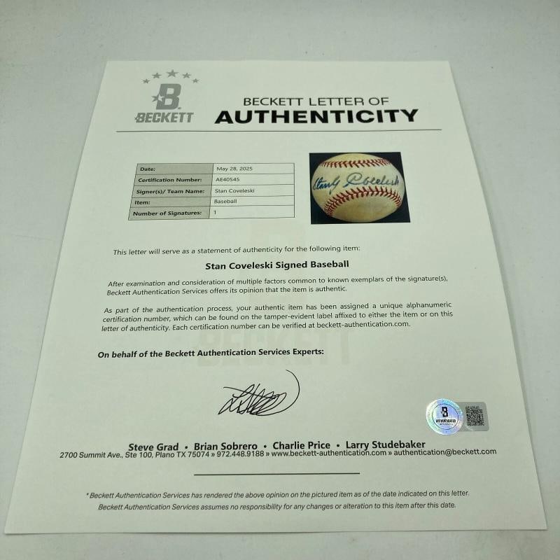 Stan Coveleski Single Signed Baseball Beckett COA - 3