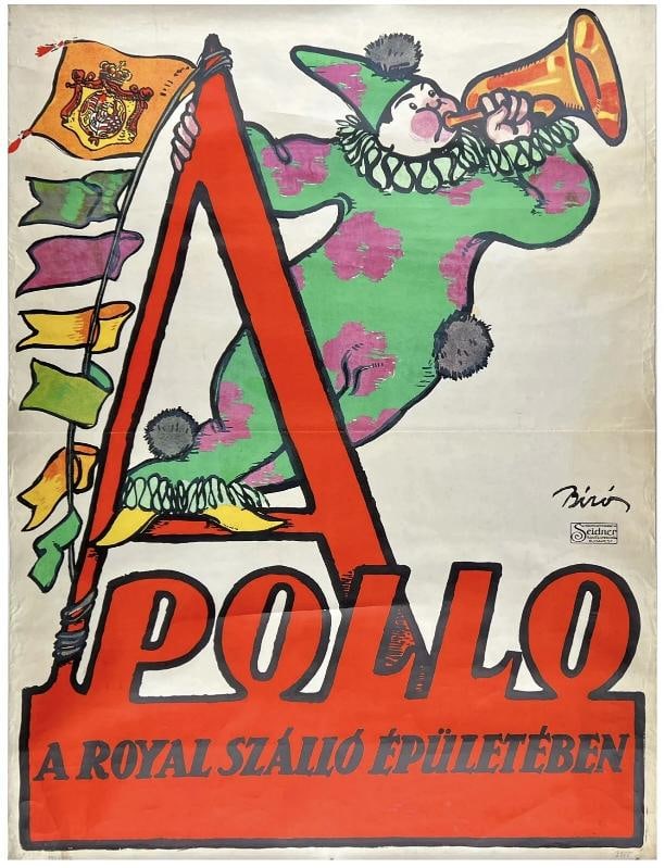Original Vintage Poster APOLLO Circus Clown Art Deco HANS SACHS LINEN Rare!: Dimensions: 37 x 49.3 in. / 94 x 125.3 cm.; Circa: 1915 Available for purchase is this original vintage stone lithograph "APOLLO - A ROYAL SZALLO EPULETEBEN" poster from THE HANS SACHS POSTER COLLECTI