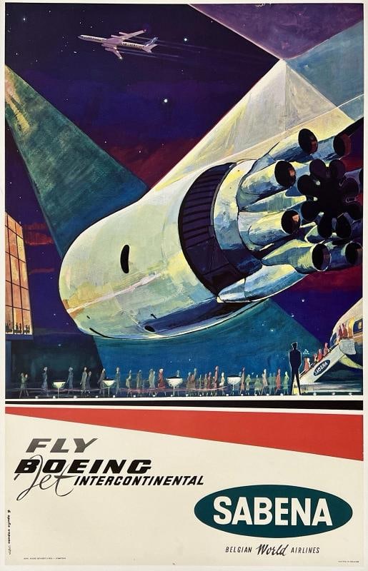 Original Vintage Poster FLY BOEING JET SABENA BENGIAN WORLD AIRLINES Airline OL: Dimensions: 25 x 39.4 in. / 63.5 x 100 cm.; Circa: 1960 Original vintage "FLY BOEING JET INTERCONTINENTAL - SABENA BELGIAN WORLD AIRLINES" airline travel poster designed by GASTON VAN DEN EYNDE, and p