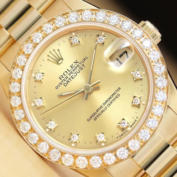 ROLEX PRESIDENT 68278 FACTORY DIAMOND DIAL 1.5 CT BEZEL 18K YELLOW GOLD WATCH: Condition: Pre-owned - Excellent,Department: Unisex,Brand: Rolex,Style: Dress/Formal, Luxury, Luxury: Dress Styles,Features: Sapphire Crystal, Screwdown Crown, Swiss Made, Swiss Movement, Date,Dial: F