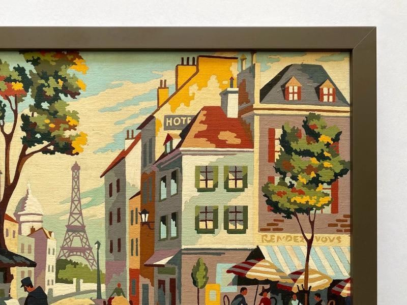 RARE 1950'S PAINT BY NUMBER " PARIS STREET SCENE " CUSTOM FRAMED MCM PAINTING - 10