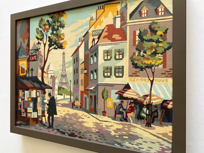 RARE 1950'S PAINT BY NUMBER " PARIS STREET SCENE " CUSTOM FRAMED MCM PAINTING - 12