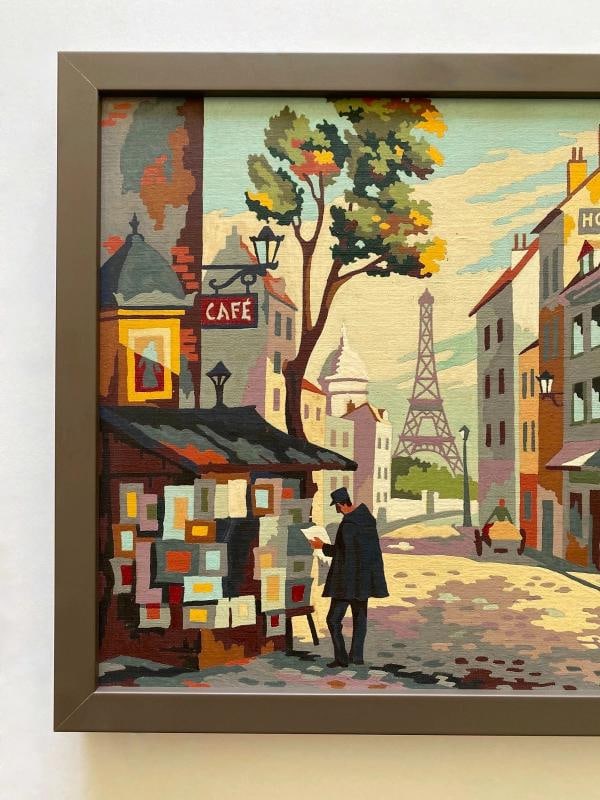 RARE 1950'S PAINT BY NUMBER " PARIS STREET SCENE " CUSTOM FRAMED MCM PAINTING - 2