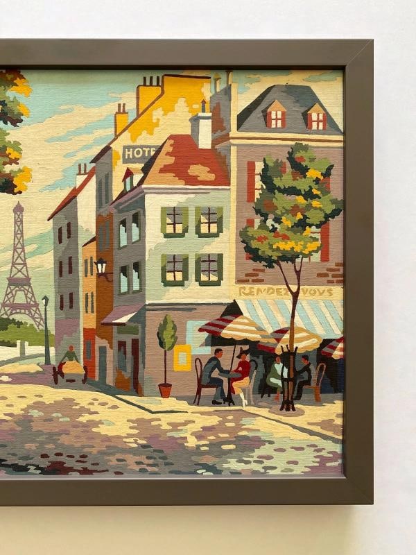 RARE 1950'S PAINT BY NUMBER " PARIS STREET SCENE " CUSTOM FRAMED MCM PAINTING - 3