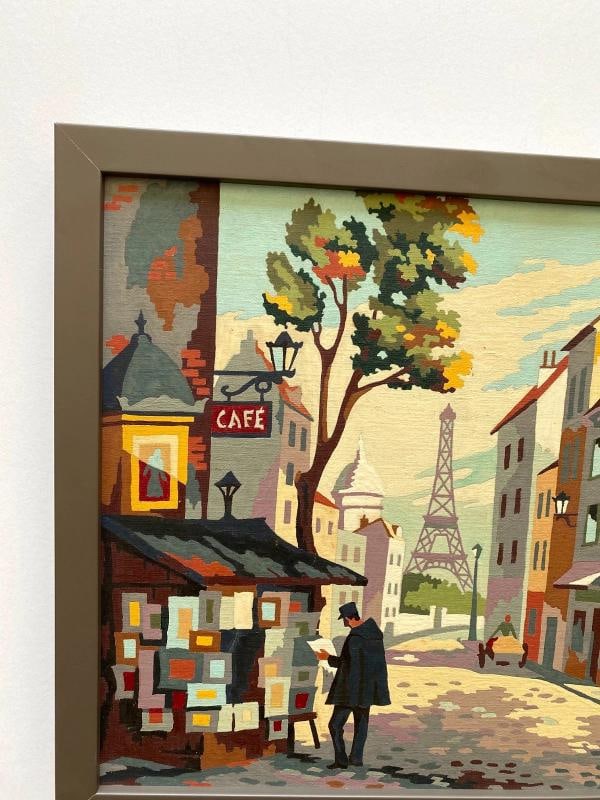 RARE 1950'S PAINT BY NUMBER " PARIS STREET SCENE " CUSTOM FRAMED MCM PAINTING - 4
