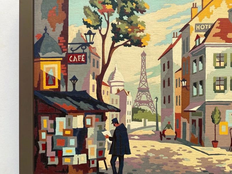 RARE 1950'S PAINT BY NUMBER " PARIS STREET SCENE " CUSTOM FRAMED MCM PAINTING - 6