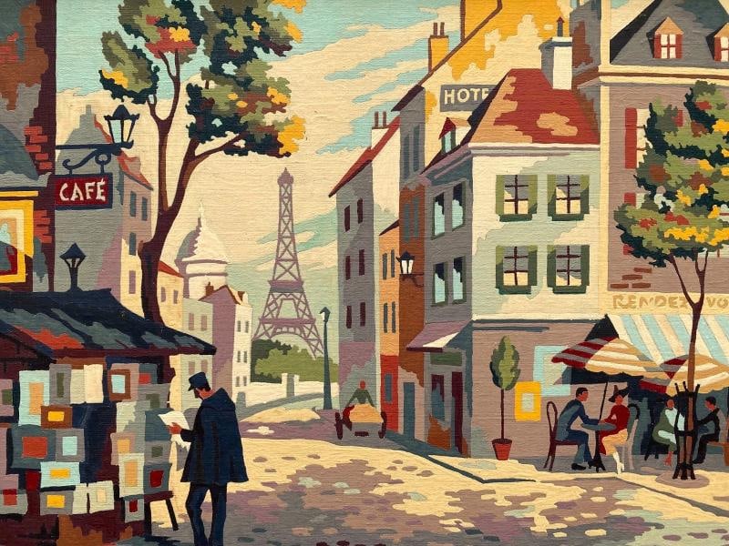 RARE 1950'S PAINT BY NUMBER " PARIS STREET SCENE " CUSTOM FRAMED MCM PAINTING - 7