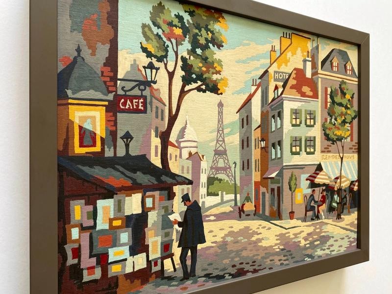 RARE 1950'S PAINT BY NUMBER " PARIS STREET SCENE " CUSTOM FRAMED MCM PAINTING - 8