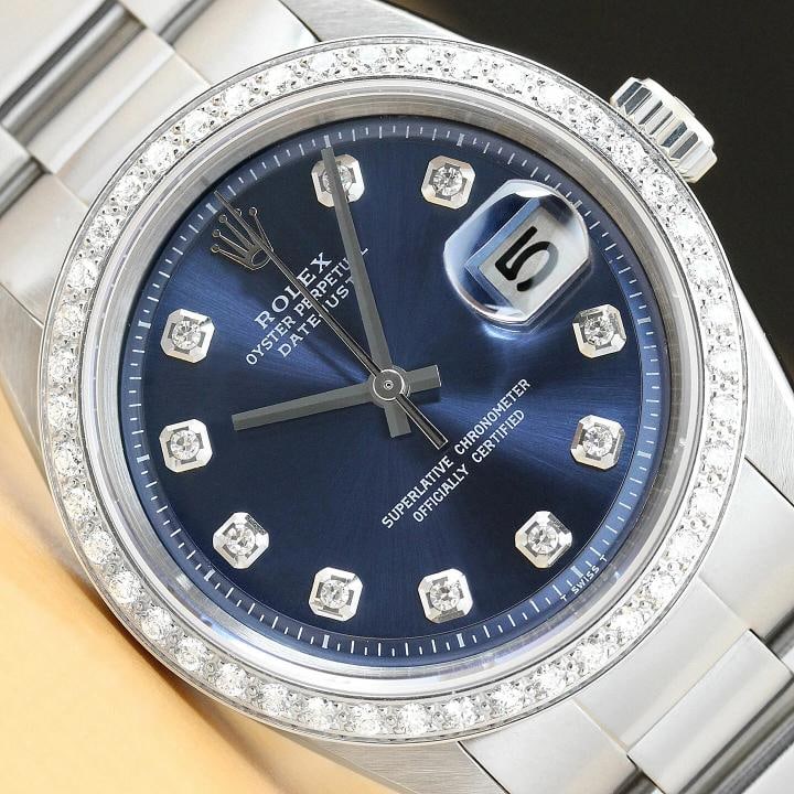 MENS ROLEX DATEJUST BLUE DIAL 18K WHITE GOLD STAINLESS STEEL DIAMOND WATCH: Condition: Pre-owned - Excellent,Bezel Color: Silver,Max Wrist Size: 7.26-7.5 in,Number of Jewels: 26 Jewels,Indices: Diamond Hour Marks, 12-Hour Dial, Multiple Hands,Bezel: Custom 18K White Gold