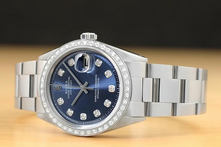 MENS ROLEX DATEJUST BLUE DIAL 18K WHITE GOLD STAINLESS STEEL DIAMOND WATCH - 2