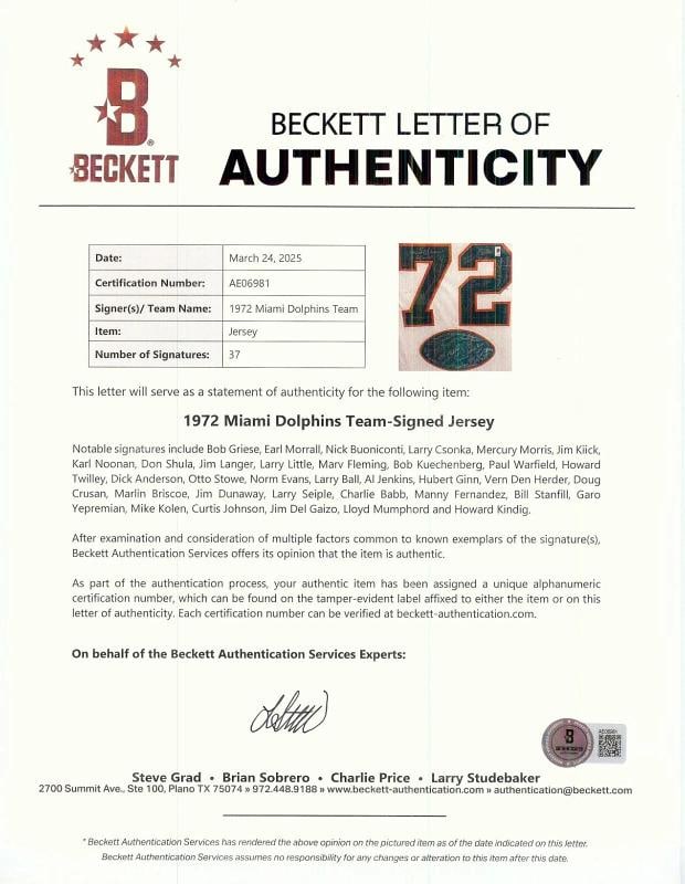1972 Miami Dolphins Super Bowl Champs Perfect Season Team Signed Jersey Beckett - 5