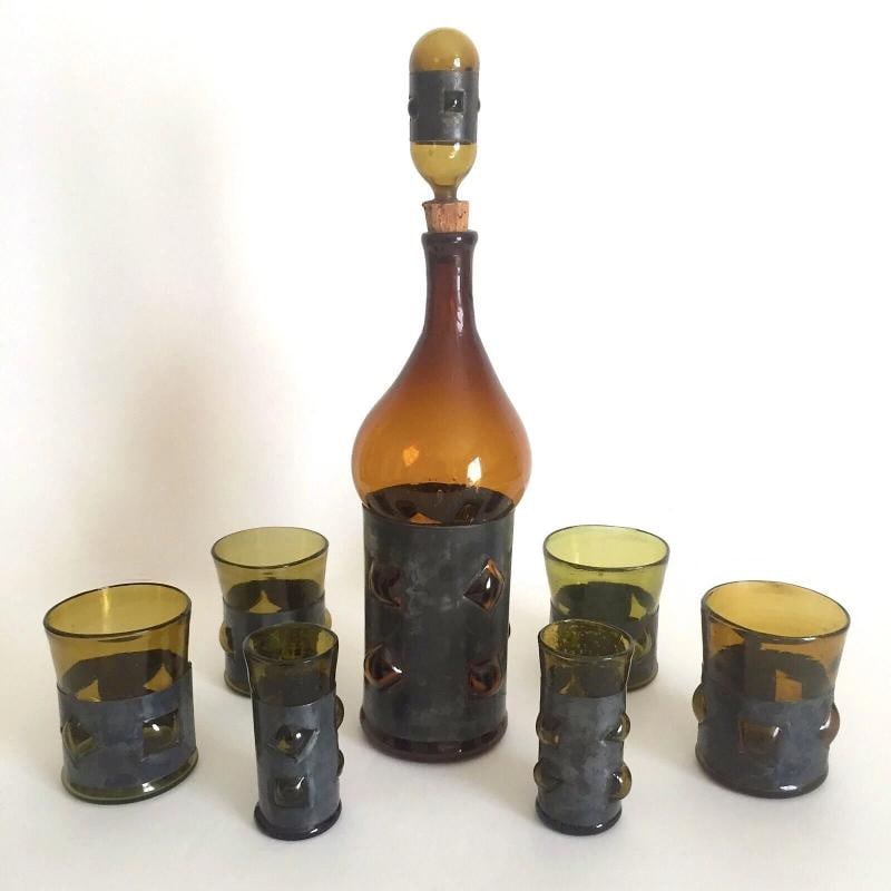VINTAGE BRUTALIST FELIPE DERFLINGHER IMPRISONED GLASS DECANTER & GLASSES 8PC SET - 2