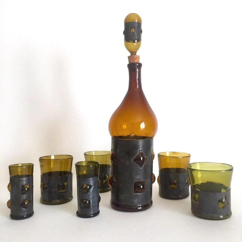 VINTAGE BRUTALIST FELIPE DERFLINGHER IMPRISONED GLASS DECANTER & GLASSES 8PC SET - 9