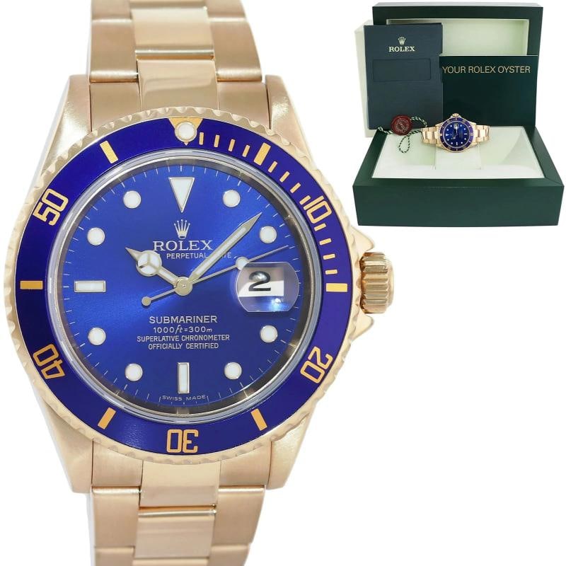 MINT 2005 Rolex 16618 Submariner Yellow Gold Sunburst Blue 40mm No Hole Case: Condition: Pre-owned - Excellent,Brand: Rolex,Department: Unisex Adults,Type: Wristwatch,Model: Submariner,Reference Number: 16618,With Original Box/Packaging: Yes,With Papers: No,Customized: No,UPC: 