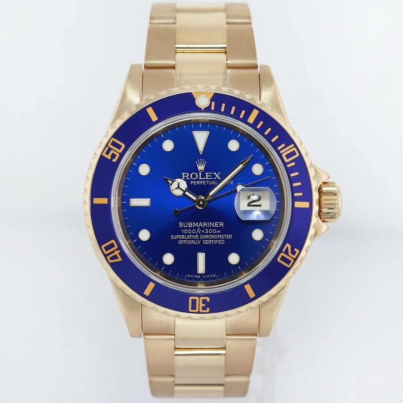 MINT 2005 Rolex 16618 Submariner Yellow Gold Sunburst Blue 40mm No Hole Case - 2