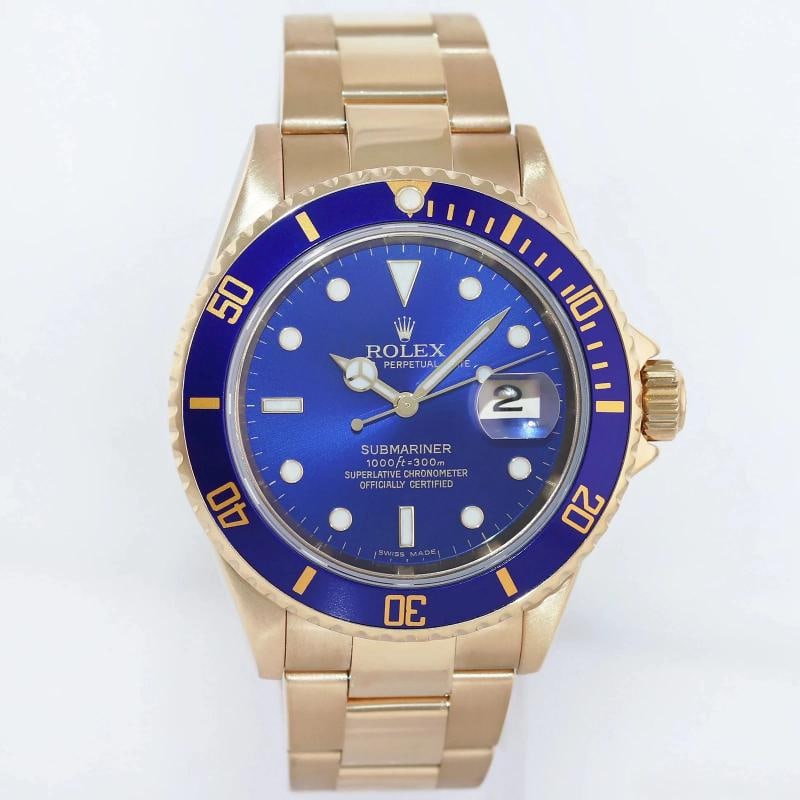MINT 2005 Rolex 16618 Submariner Yellow Gold Sunburst Blue 40mm No Hole Case - 3